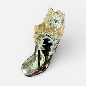 AJC Gold Cat Brooch Christmas Stocking Poinsettia Vintage 80’s